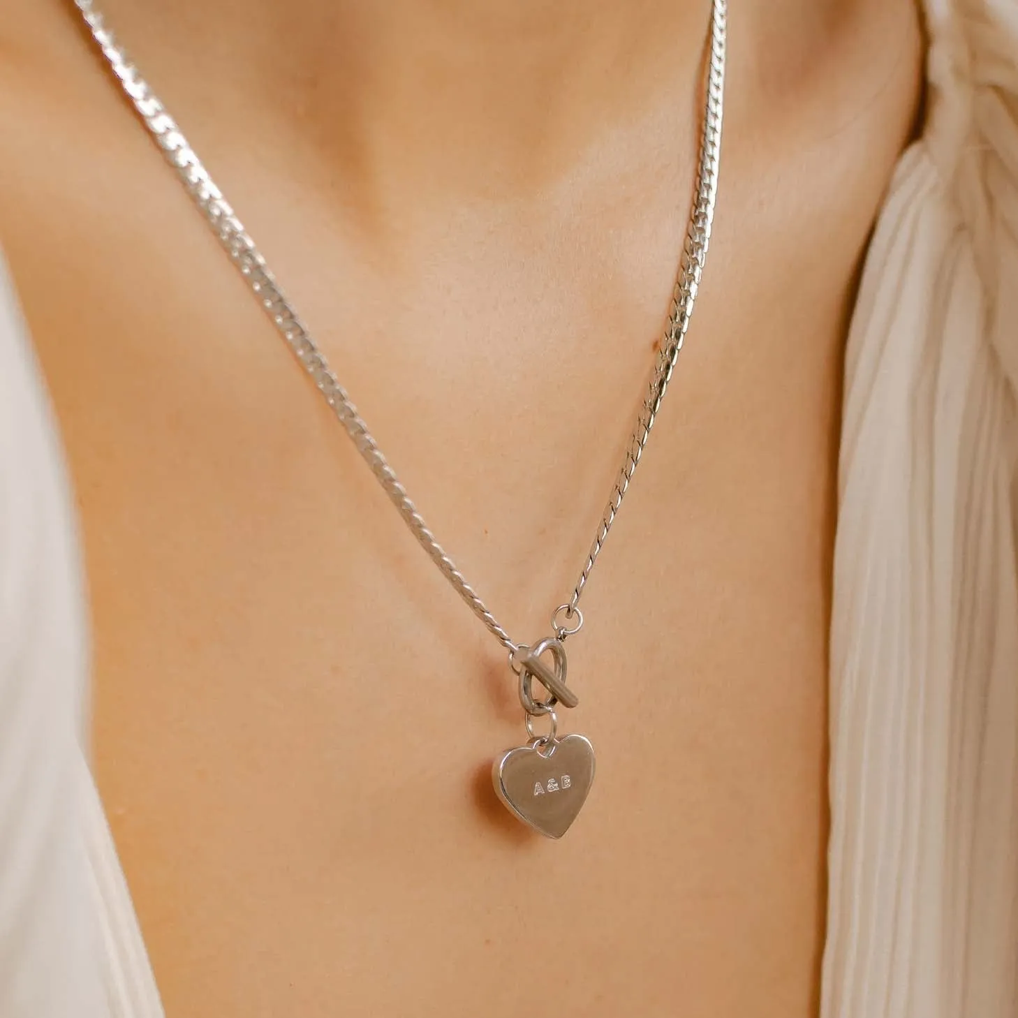 Heart Charm T-Bar Chain Necklace Silver