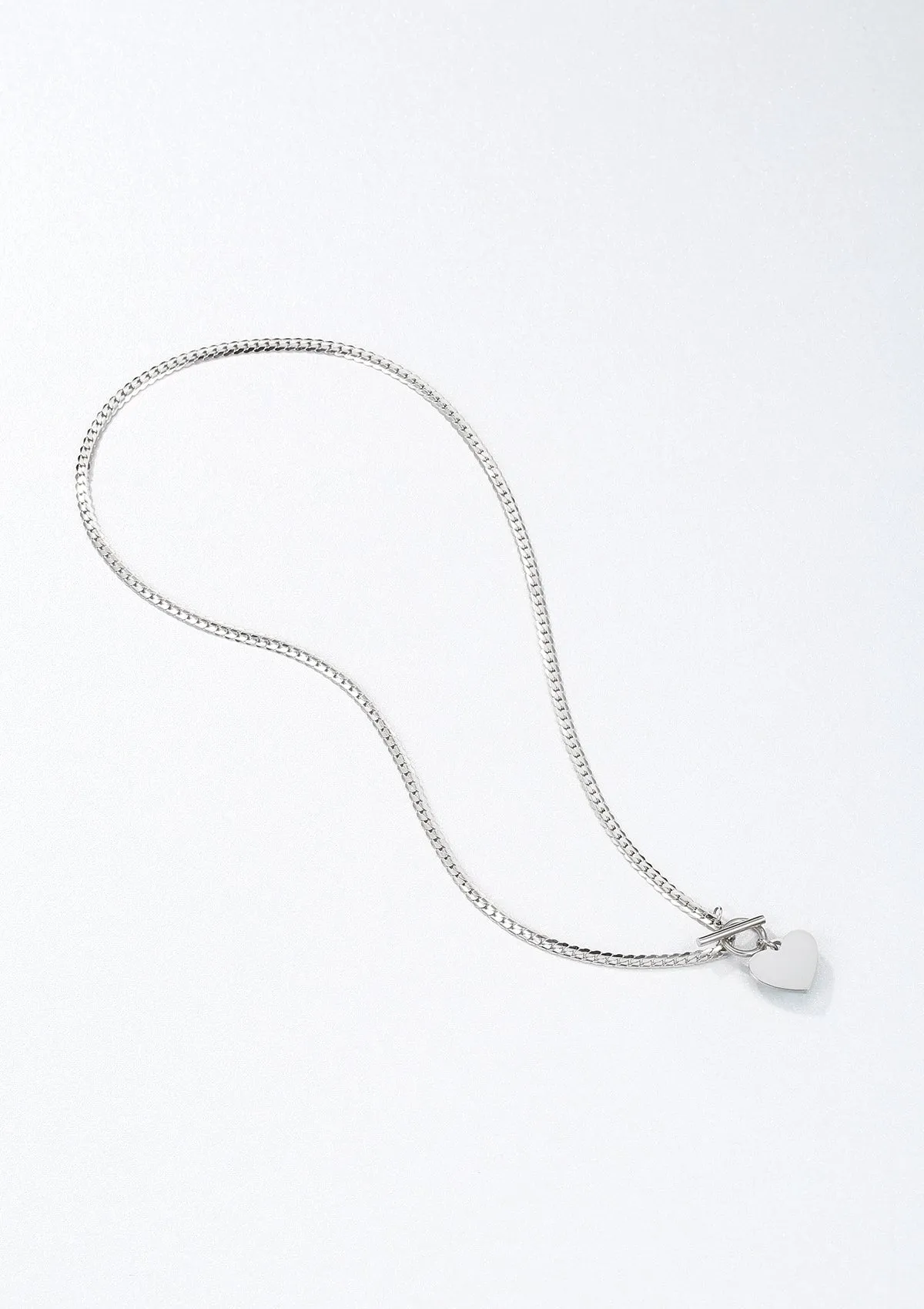 Heart Charm T-Bar Chain Necklace Silver