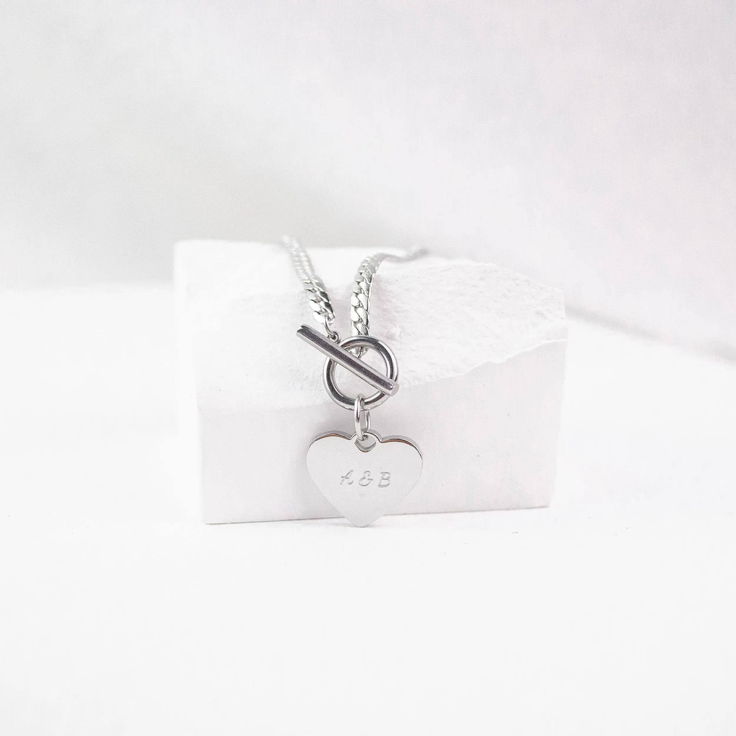 Heart Charm T-Bar Chain Necklace Silver