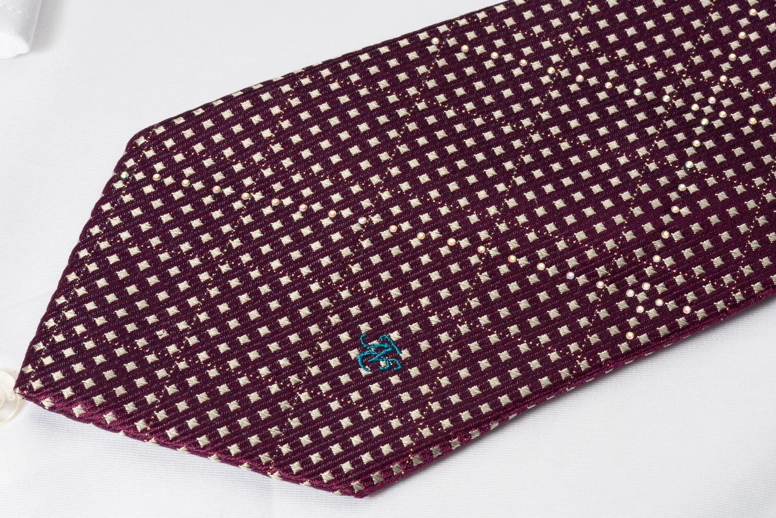Indian Homme Rhinestone Tie Silver Micro Squares On Purple With Silver Sparkles