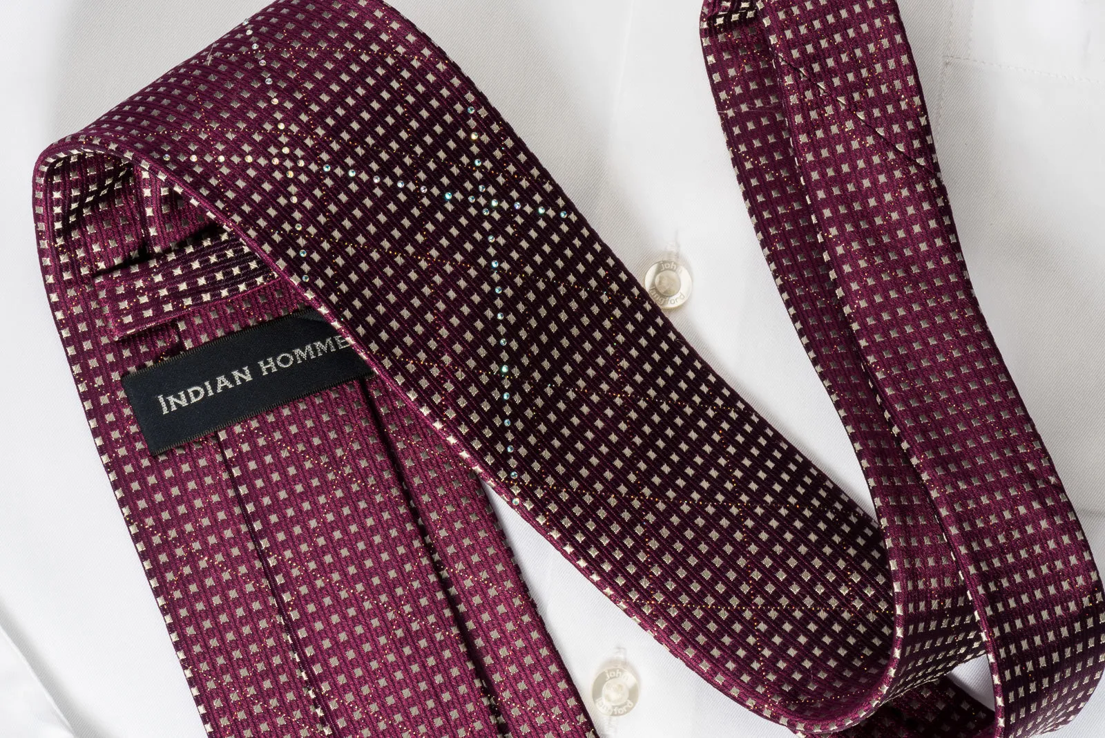 Indian Homme Rhinestone Tie Silver Micro Squares On Purple With Silver Sparkles