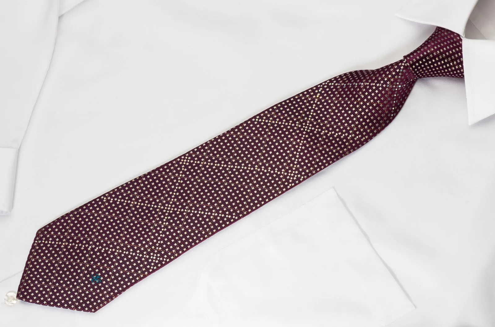 Indian Homme Rhinestone Tie Silver Micro Squares On Purple With Silver Sparkles