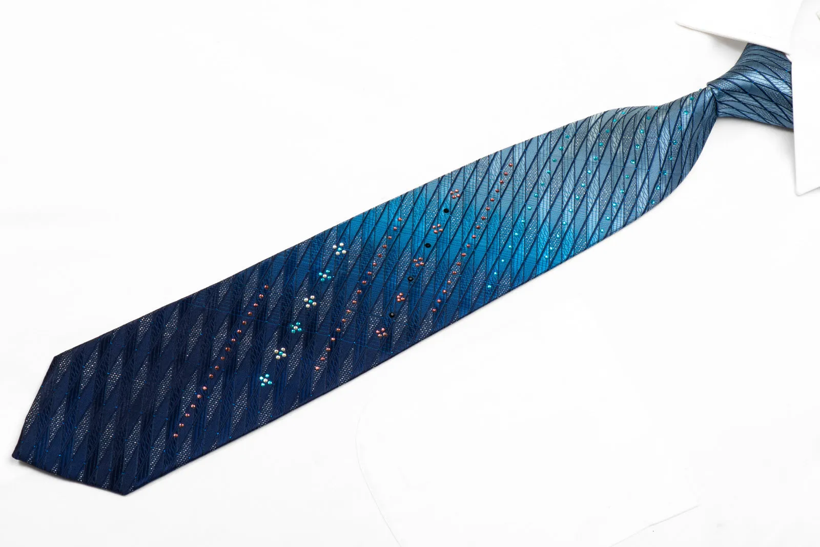 Kissa Rhinestone Silk Necktie Geometric On Blue With Sparkles