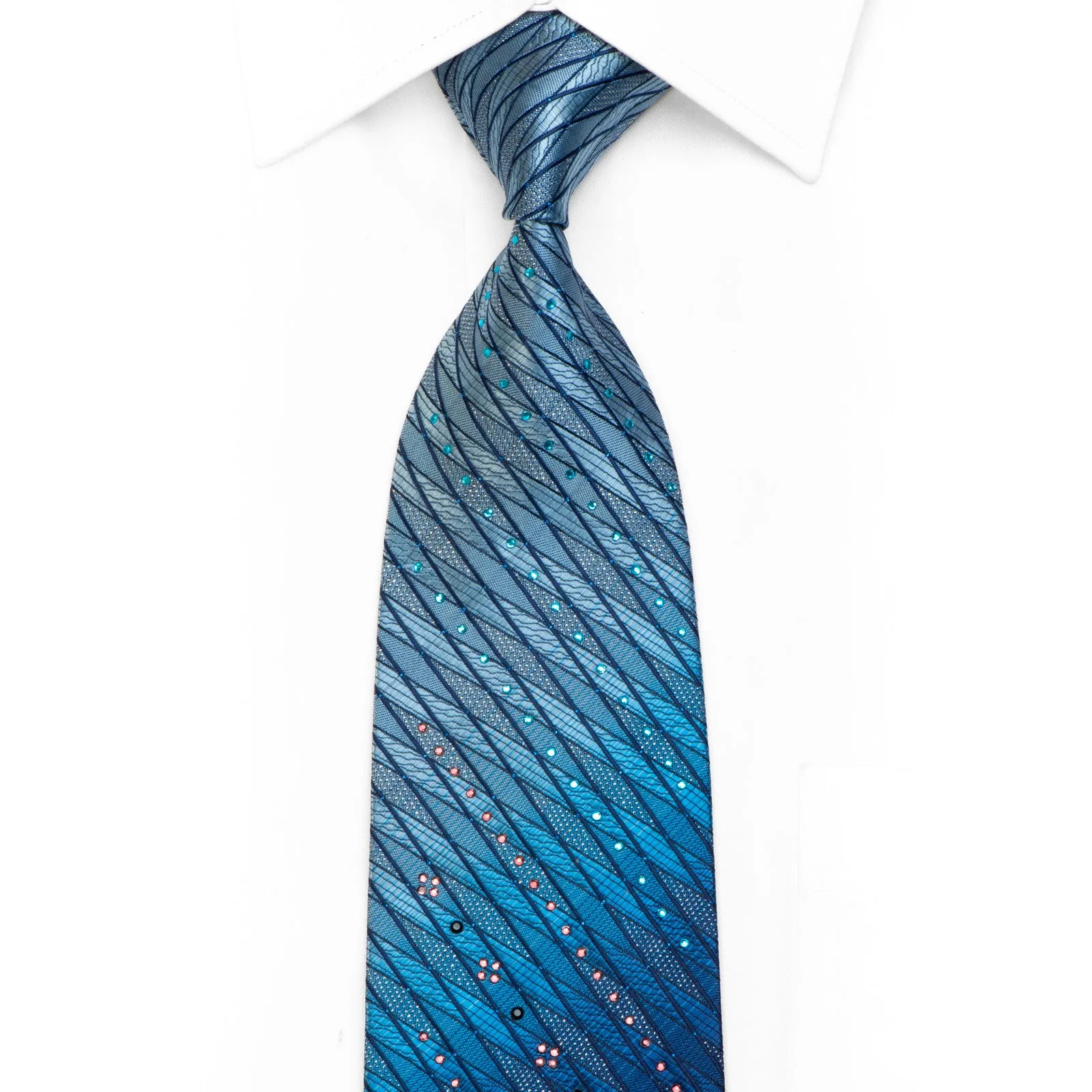 Kissa Rhinestone Silk Necktie Geometric On Blue With Sparkles