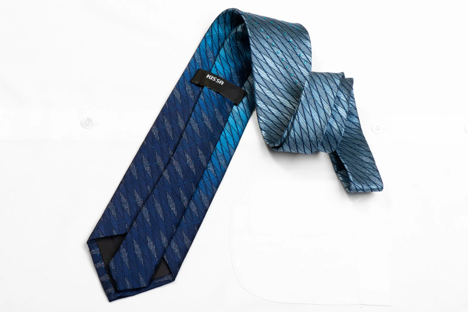 Kissa Rhinestone Silk Necktie Geometric On Blue With Sparkles