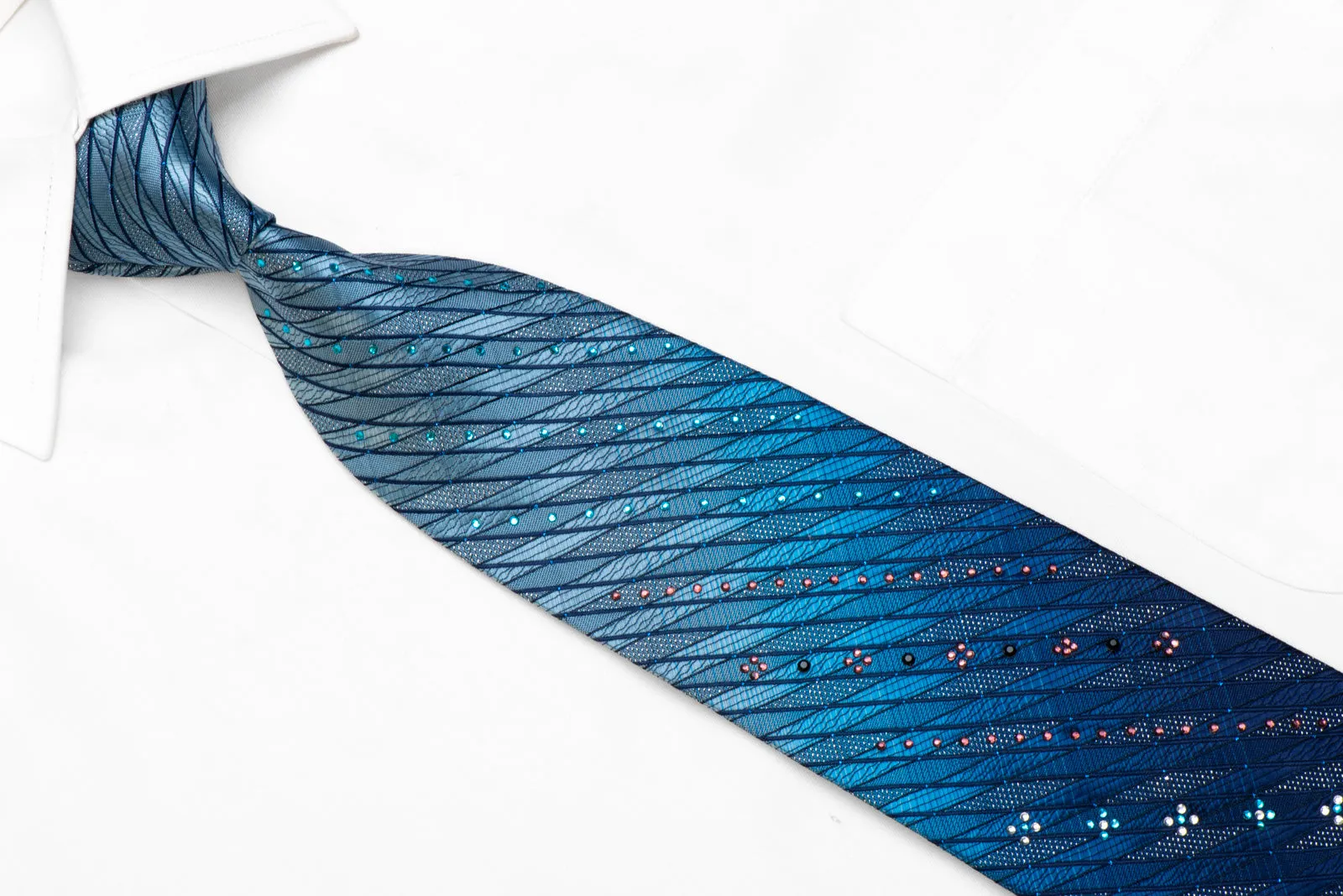 Kissa Rhinestone Silk Necktie Geometric On Blue With Sparkles