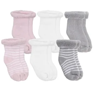 Kushies 6 Pack Terry Newborn Sock Set - Pink/White/Grey