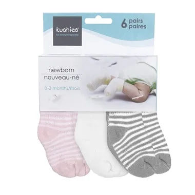 Kushies 6 Pack Terry Newborn Sock Set - Pink/White/Grey