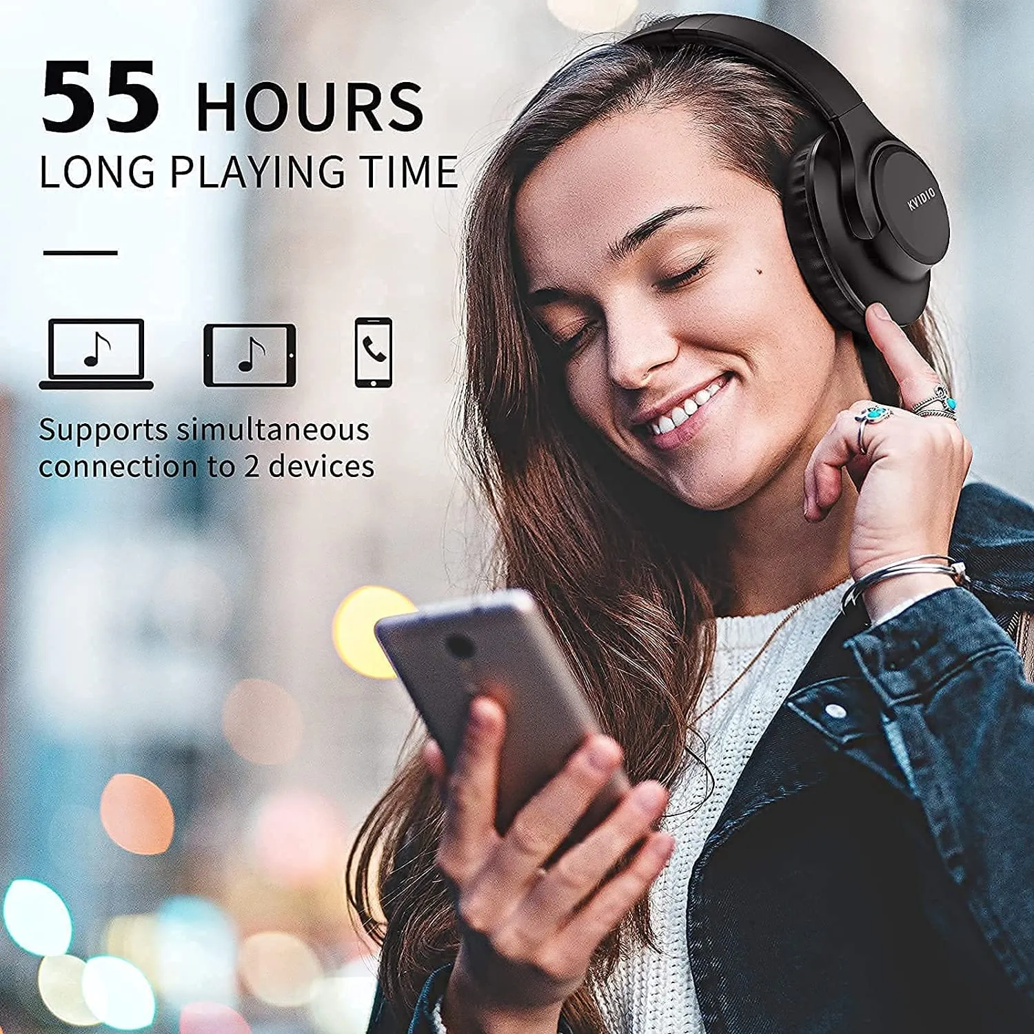 KVIDIO Bluetooth Headphones: 55Hr Playtime, Hi-Fi Sound, Deep Bass (Over-Ear, Foldable)