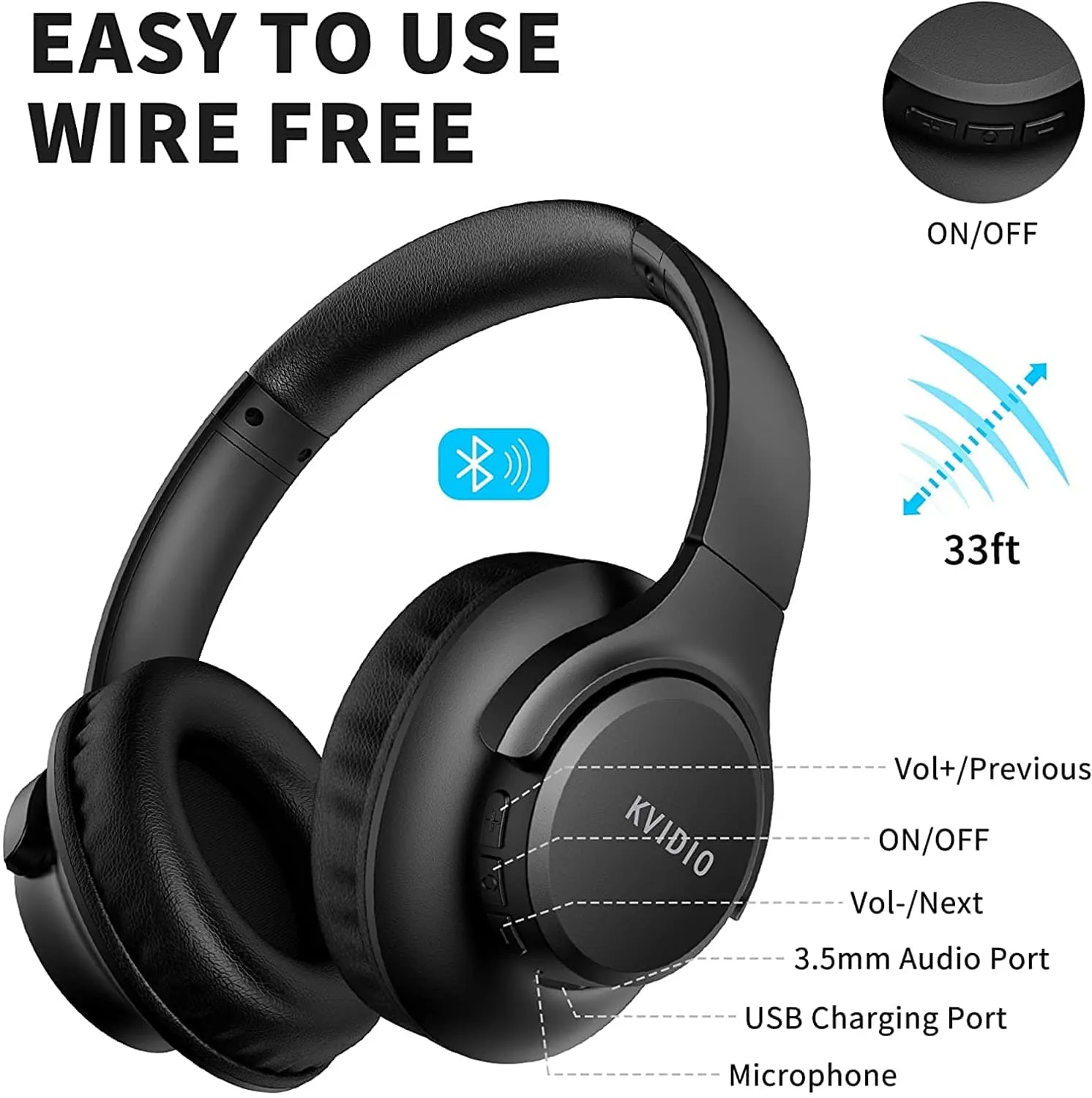 KVIDIO Bluetooth Headphones: 55Hr Playtime, Hi-Fi Sound, Deep Bass (Over-Ear, Foldable)
