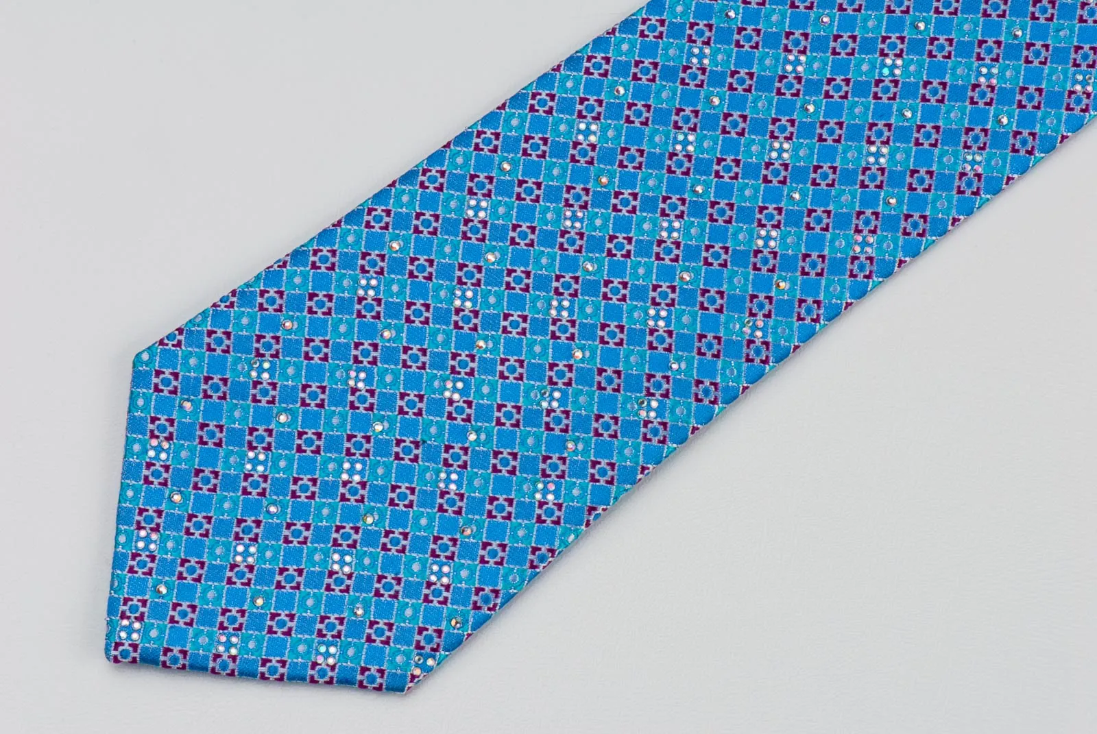 Manhatten Rhinestone Tie For Men 100% Silk Blue Red Checked Design With Silver Sparkles