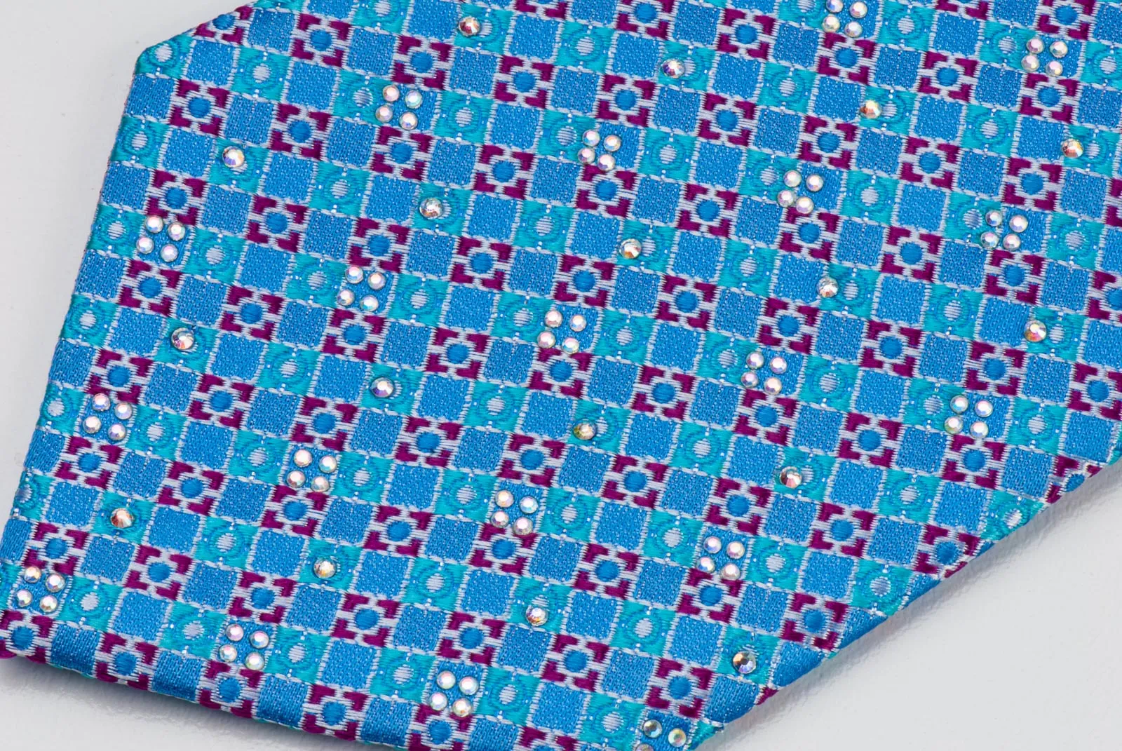 Manhatten Rhinestone Tie For Men 100% Silk Blue Red Checked Design With Silver Sparkles