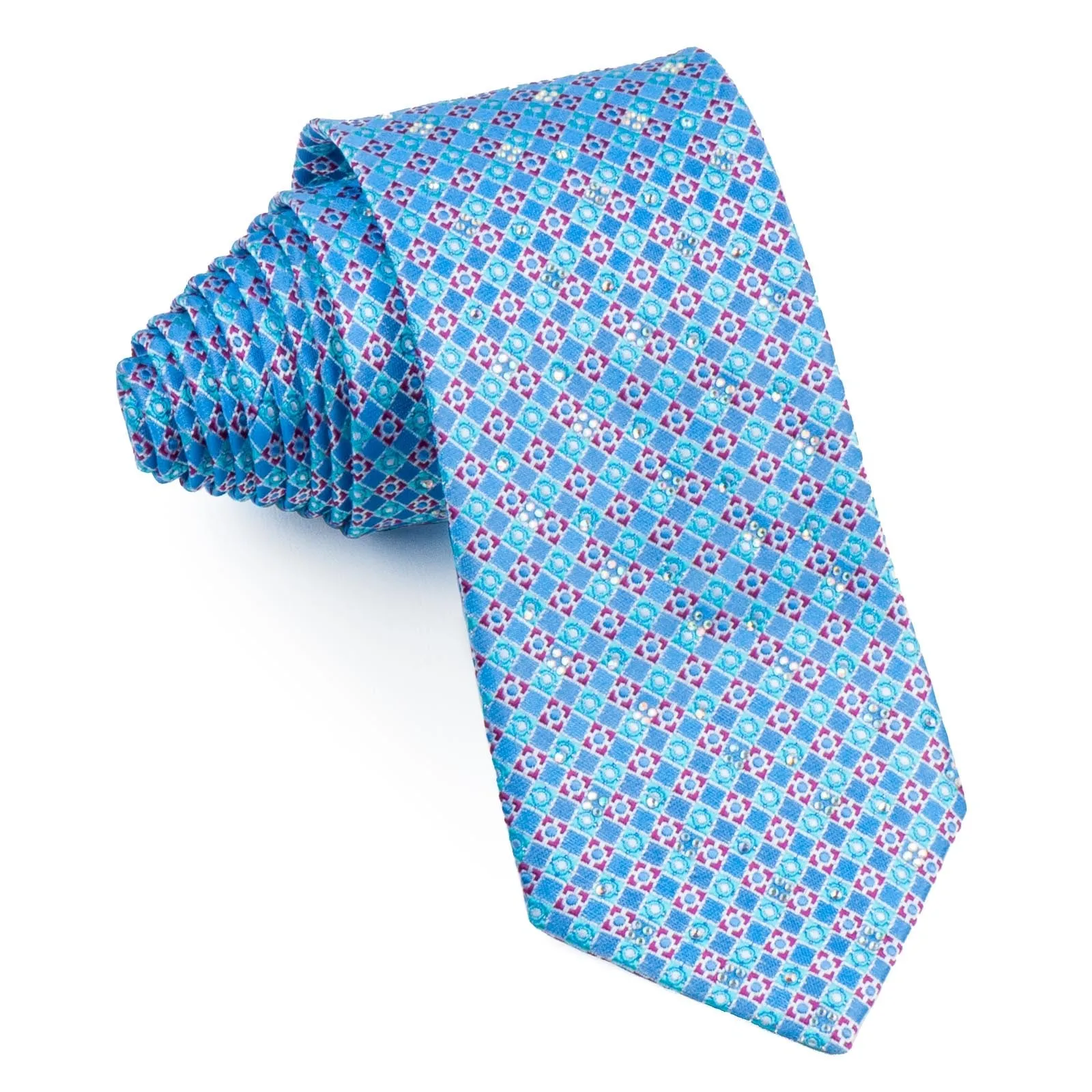 Manhatten Rhinestone Tie For Men 100% Silk Blue Red Checked Design With Silver Sparkles