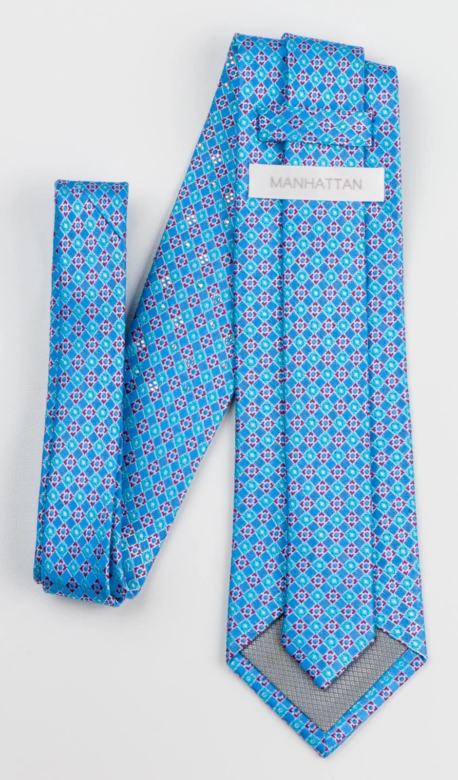Manhatten Rhinestone Tie For Men 100% Silk Blue Red Checked Design With Silver Sparkles