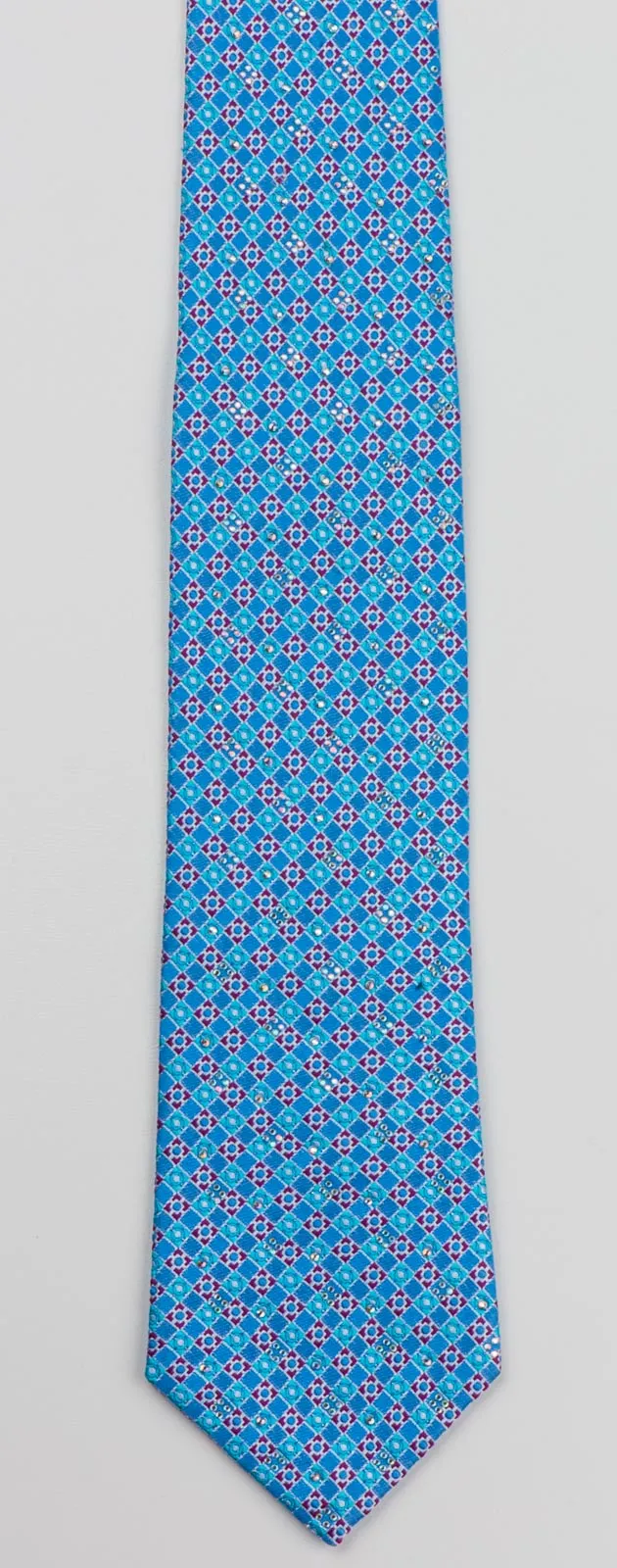 Manhatten Rhinestone Tie For Men 100% Silk Blue Red Checked Design With Silver Sparkles