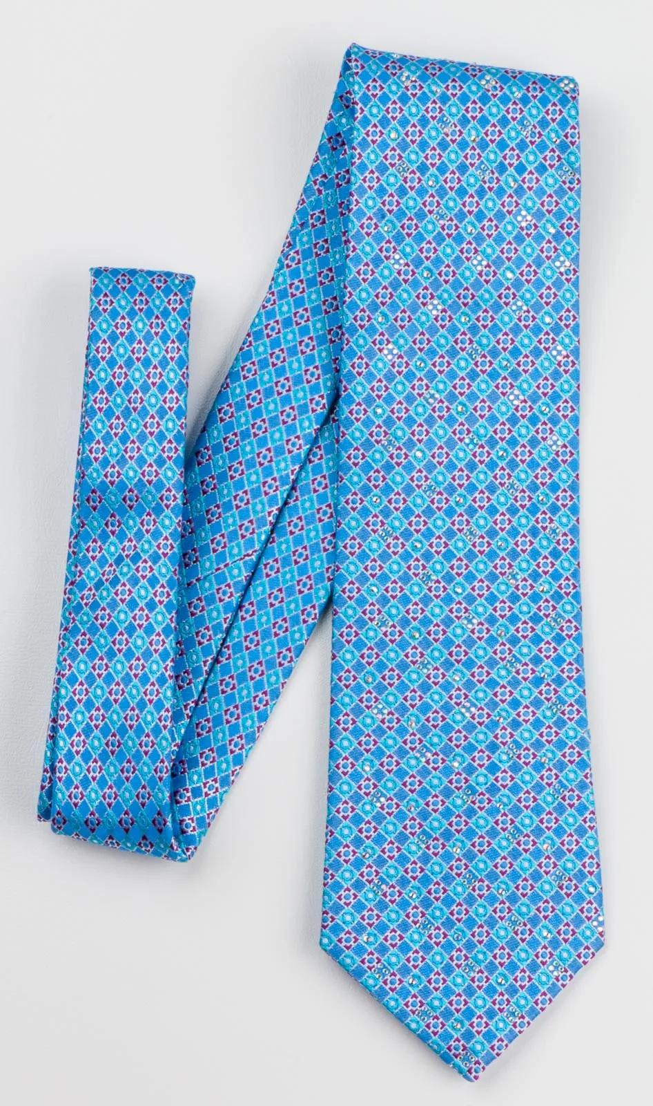 Manhatten Rhinestone Tie For Men 100% Silk Blue Red Checked Design With Silver Sparkles