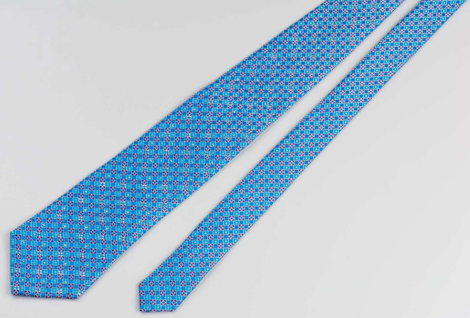 Manhatten Rhinestone Tie For Men 100% Silk Blue Red Checked Design With Silver Sparkles