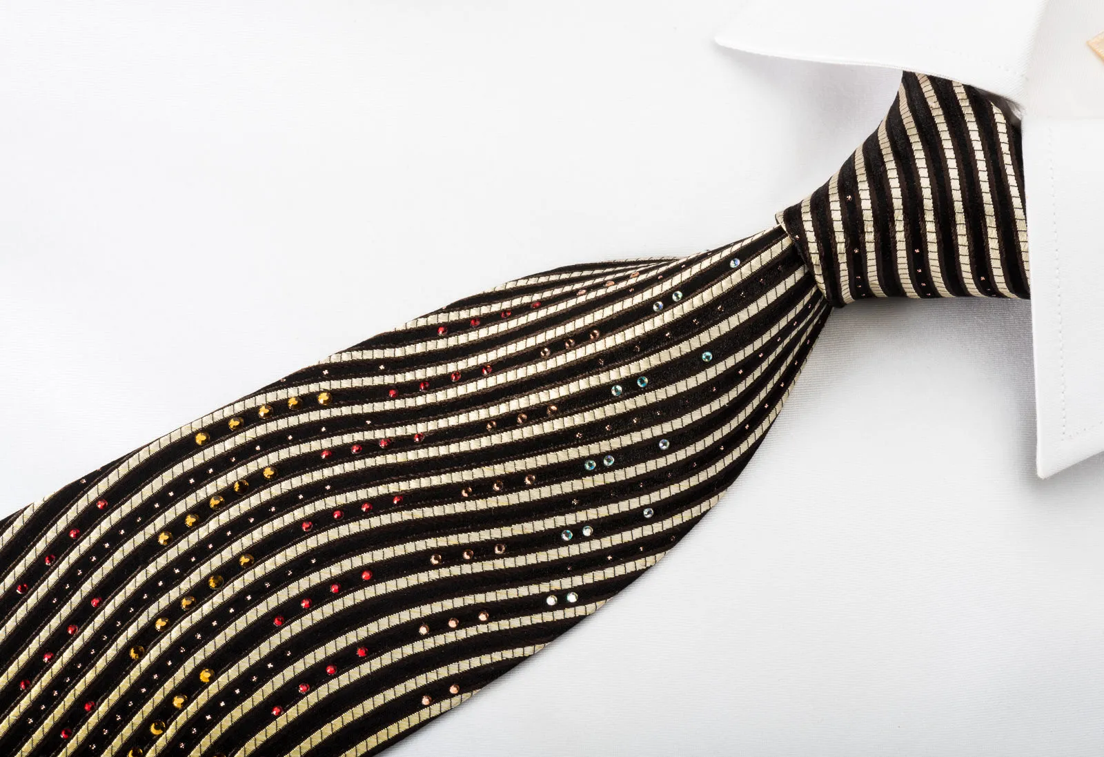 Marie Claire Silk Rhinestone Necktie Orange Waves On Dark Brown With Sparkles