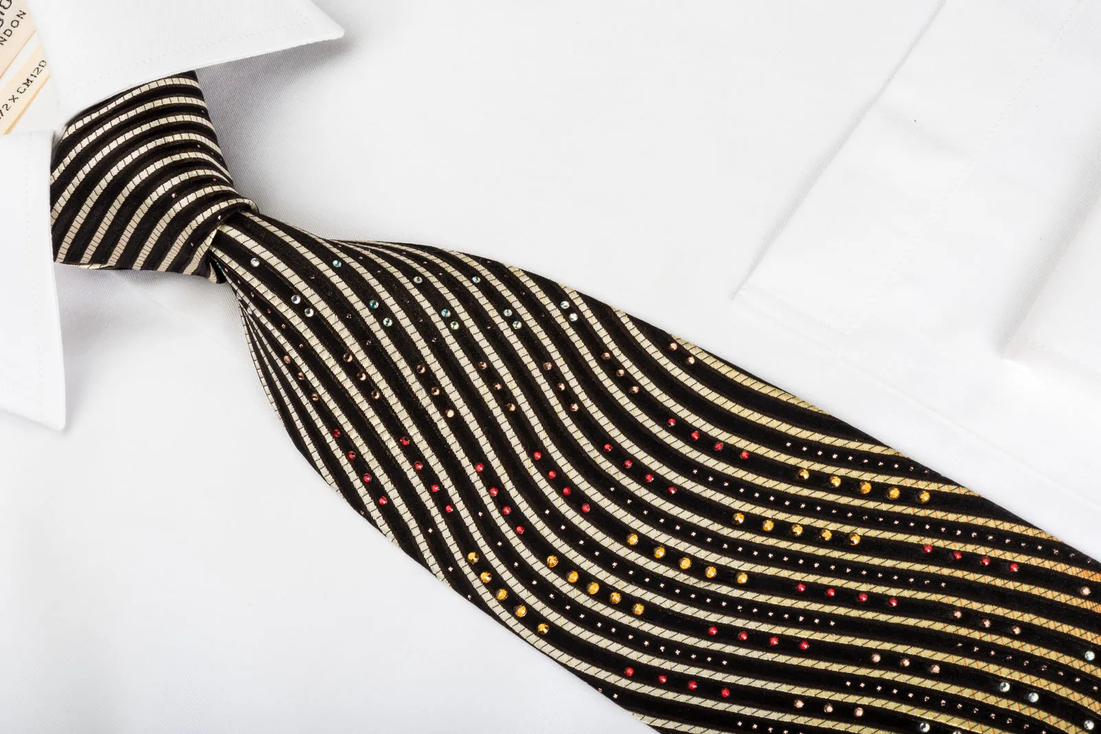 Marie Claire Silk Rhinestone Necktie Orange Waves On Dark Brown With Sparkles