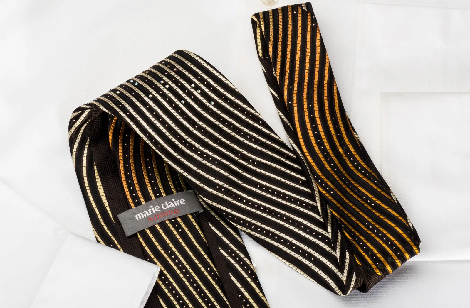 Marie Claire Silk Rhinestone Necktie Orange Waves On Dark Brown With Sparkles