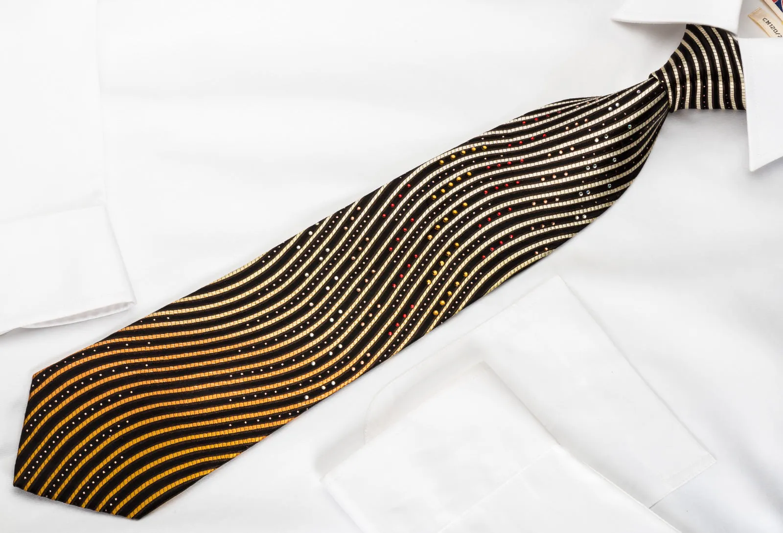 Marie Claire Silk Rhinestone Necktie Orange Waves On Dark Brown With Sparkles