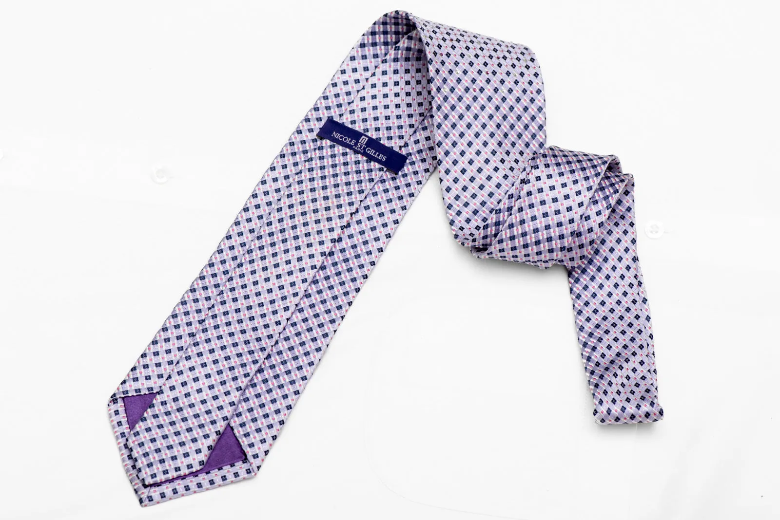 Mauve Checkered Rhinestone Silk Necktie With Purple Sparkles