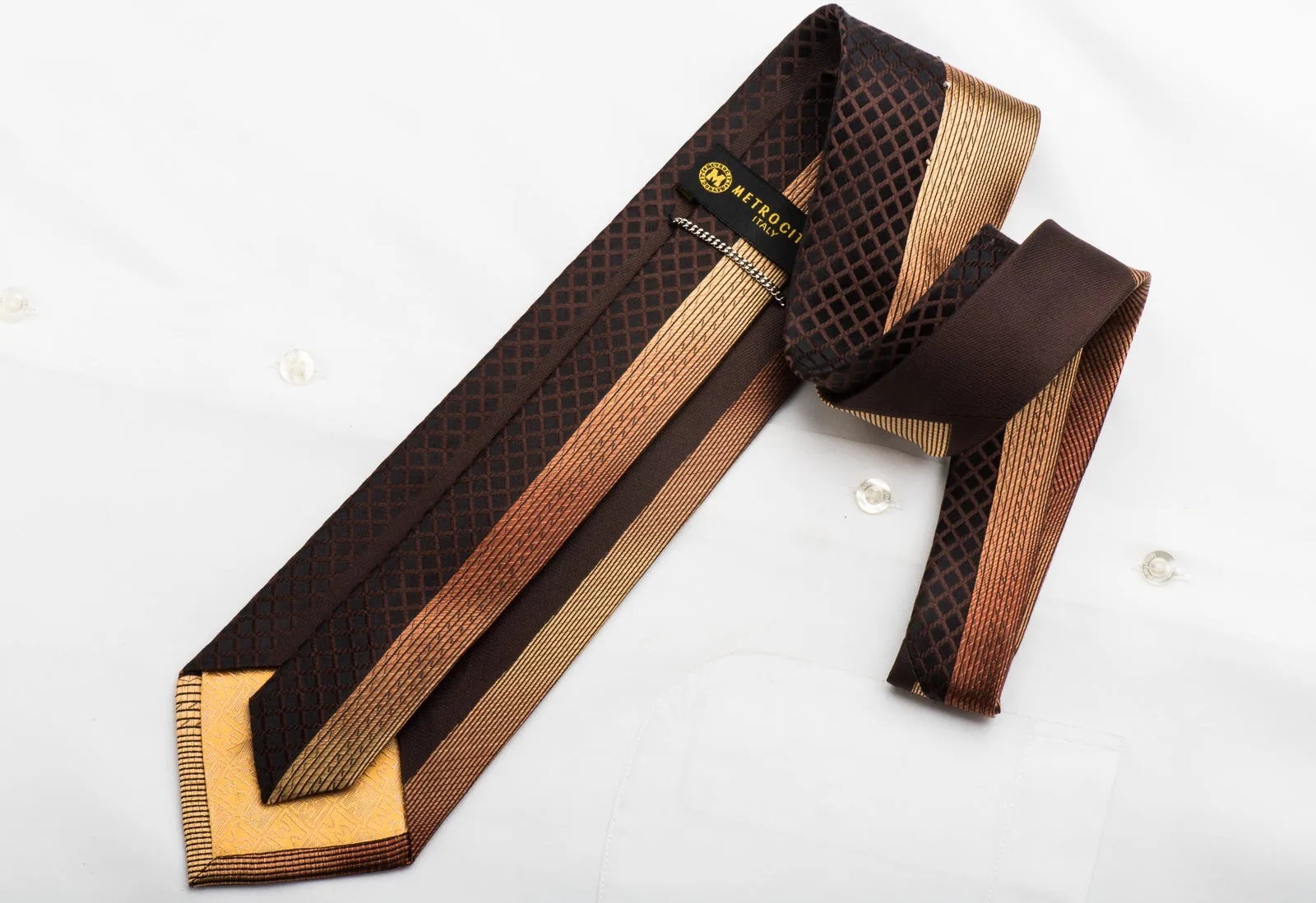 Metro City Men's Silk Necktie Sparkling Crystal Rhinestones On Brown