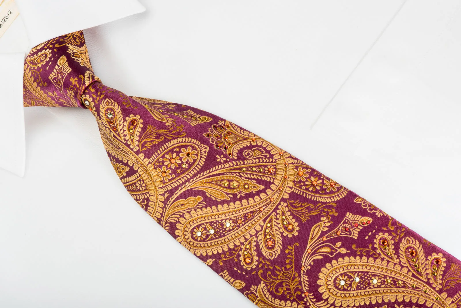 Mila Schon Mens Rhinestone Silk Necktie Golden Paisley On Burgundy Wirh Sparkles