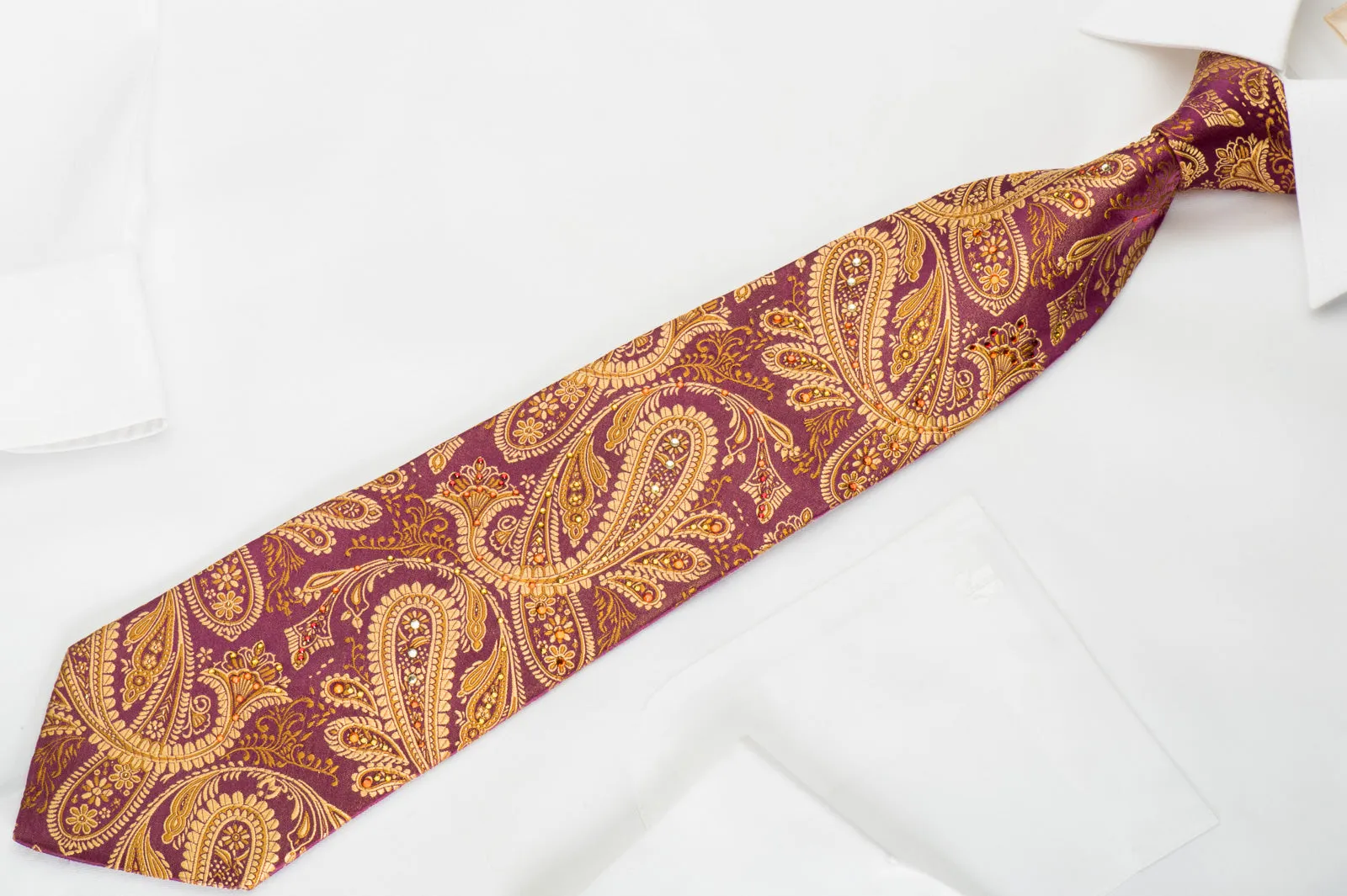 Mila Schon Mens Rhinestone Silk Necktie Golden Paisley On Burgundy Wirh Sparkles