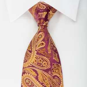 Mila Schon Mens Rhinestone Silk Necktie Golden Paisley On Burgundy Wirh Sparkles