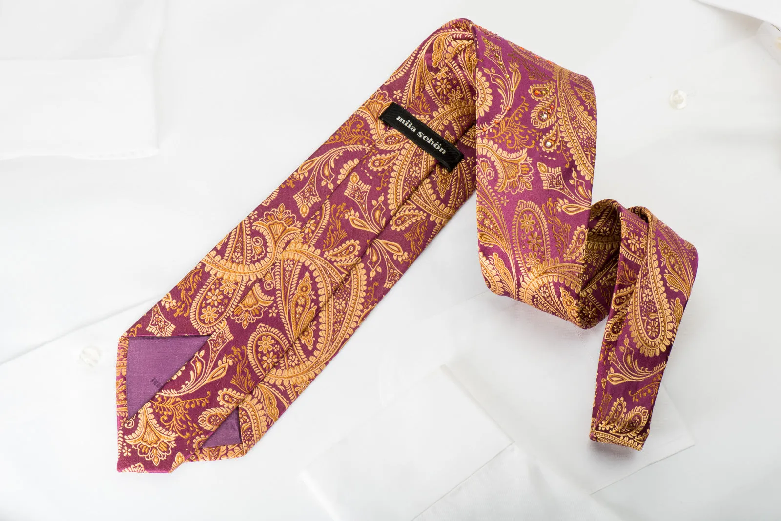 Mila Schon Mens Rhinestone Silk Necktie Golden Paisley On Burgundy Wirh Sparkles