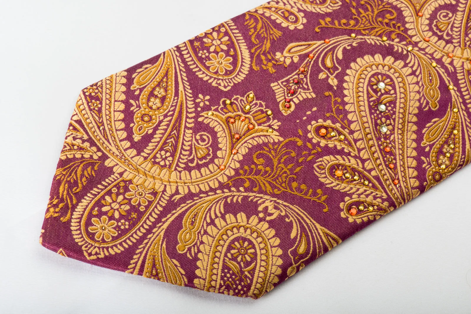Mila Schon Mens Rhinestone Silk Necktie Golden Paisley On Burgundy Wirh Sparkles