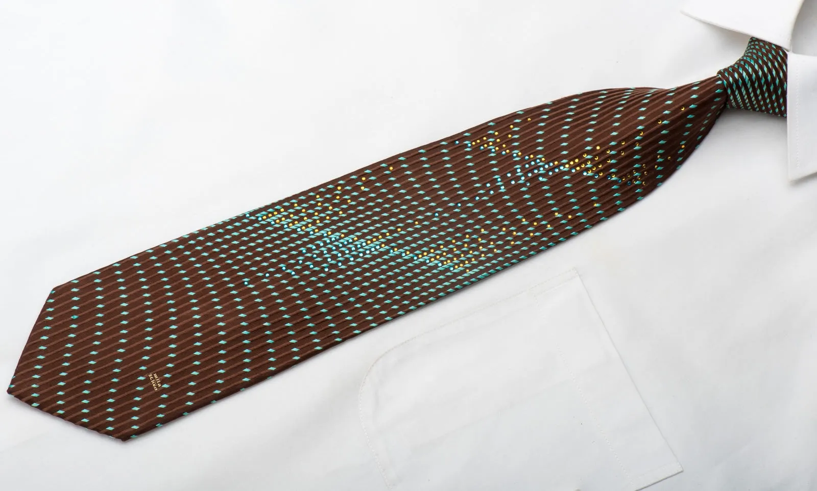 Mila Schon Men's Silk Necktie Turquoise Geometric On Brown Sparkling With Rhinestones