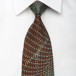 Mila Schon Men's Silk Necktie Turquoise Geometric On Brown Sparkling With Rhinestones