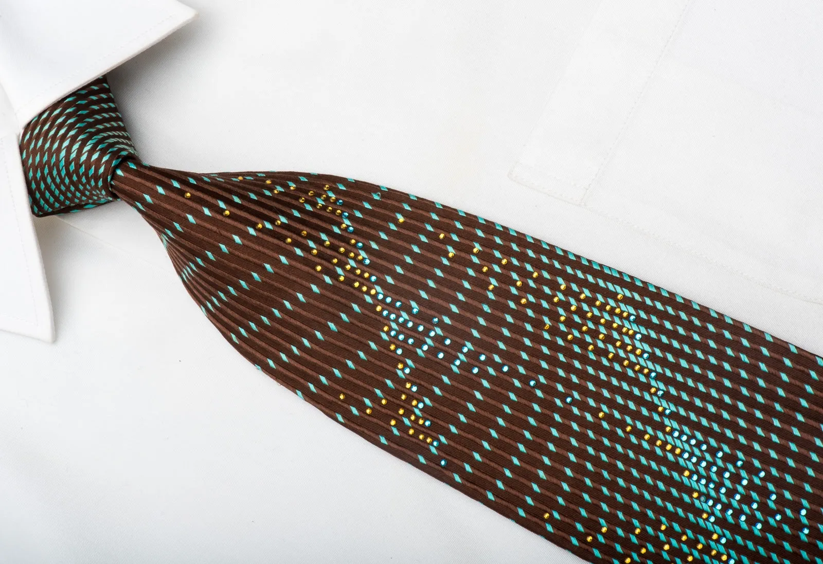 Mila Schon Men's Silk Necktie Turquoise Geometric On Brown Sparkling With Rhinestones