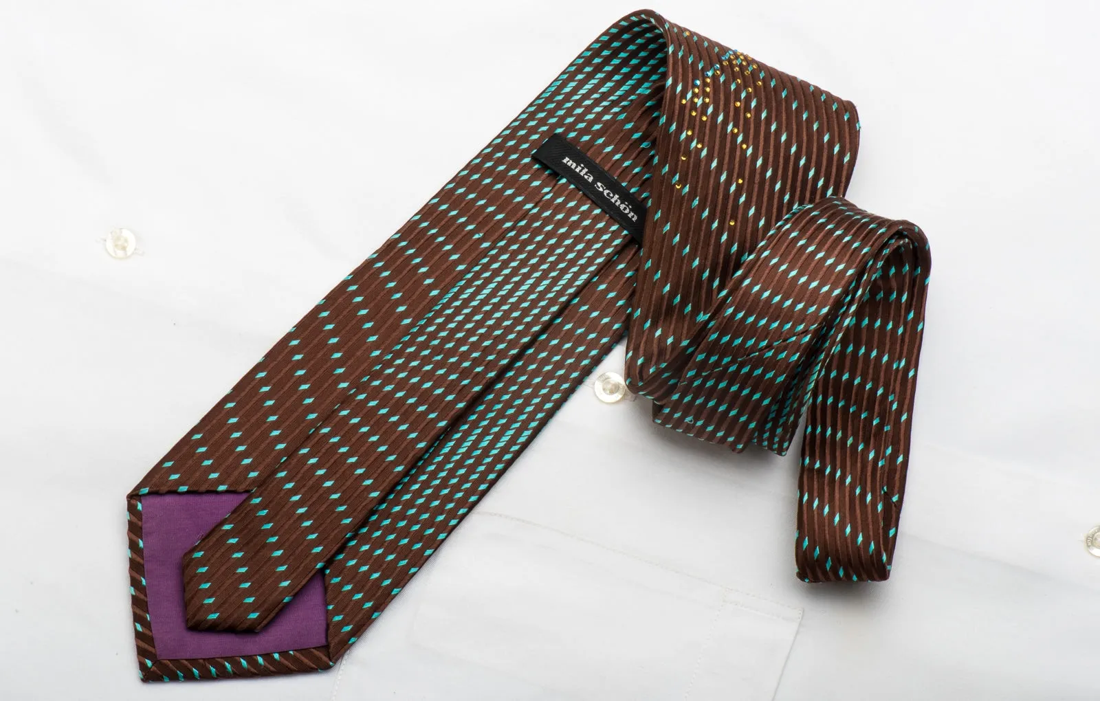 Mila Schon Men's Silk Necktie Turquoise Geometric On Brown Sparkling With Rhinestones