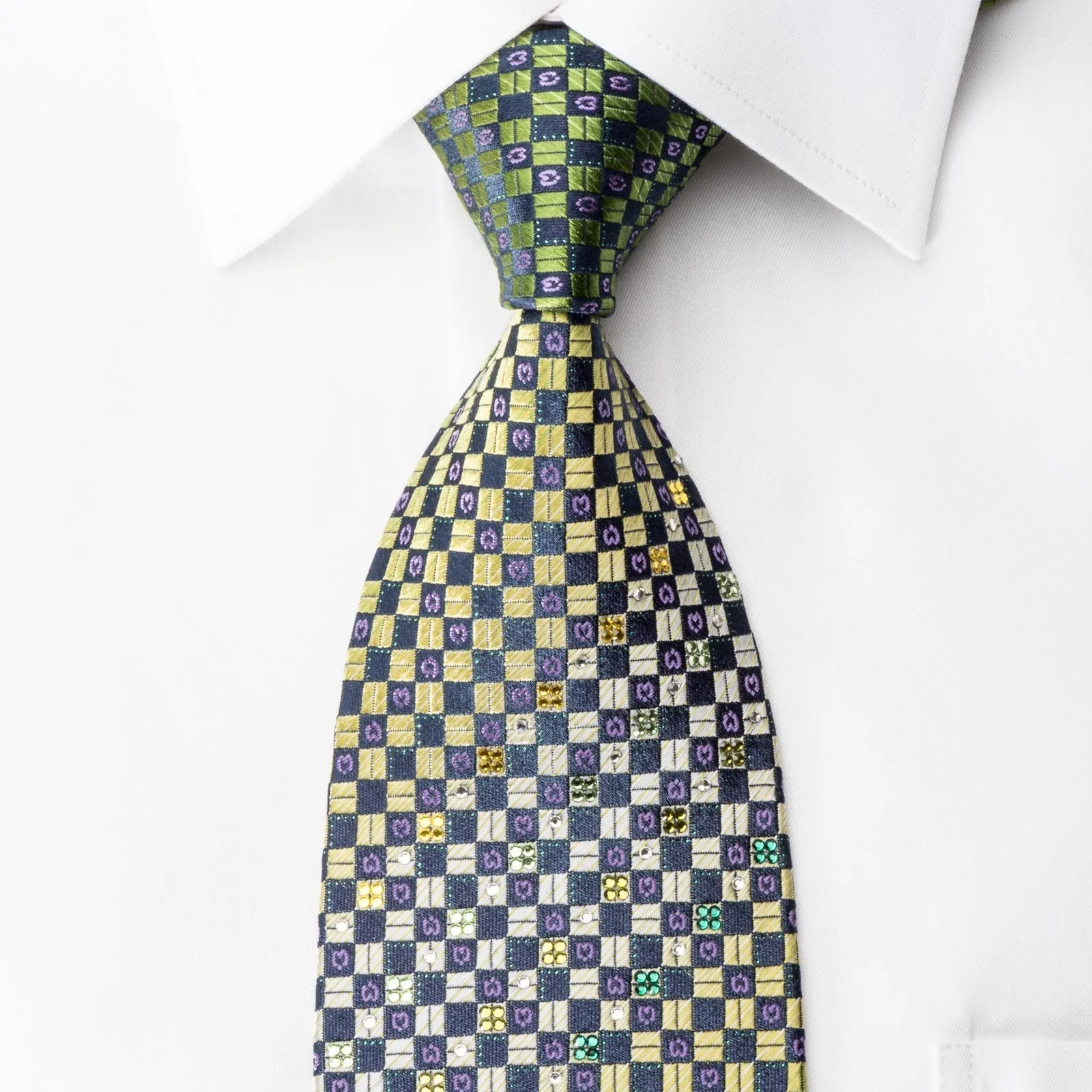 Mila Schon Rhinestone Necktie Green Navy Checkered With Green Sparkles