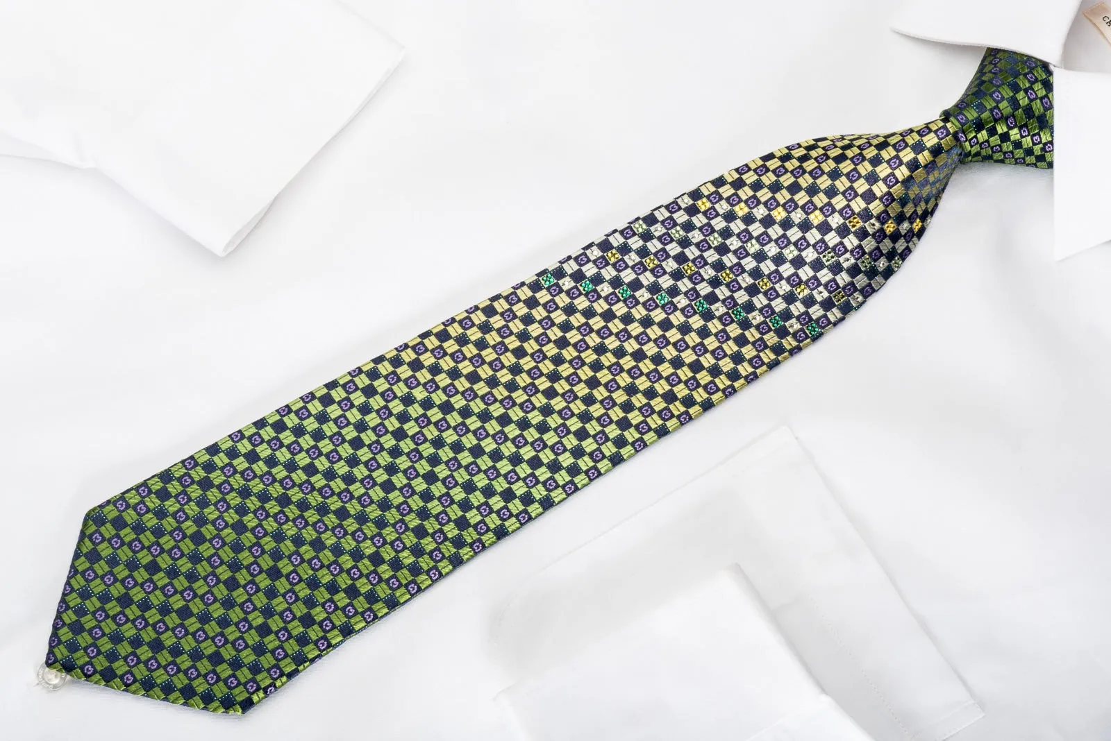 Mila Schon Rhinestone Necktie Green Navy Checkered With Green Sparkles