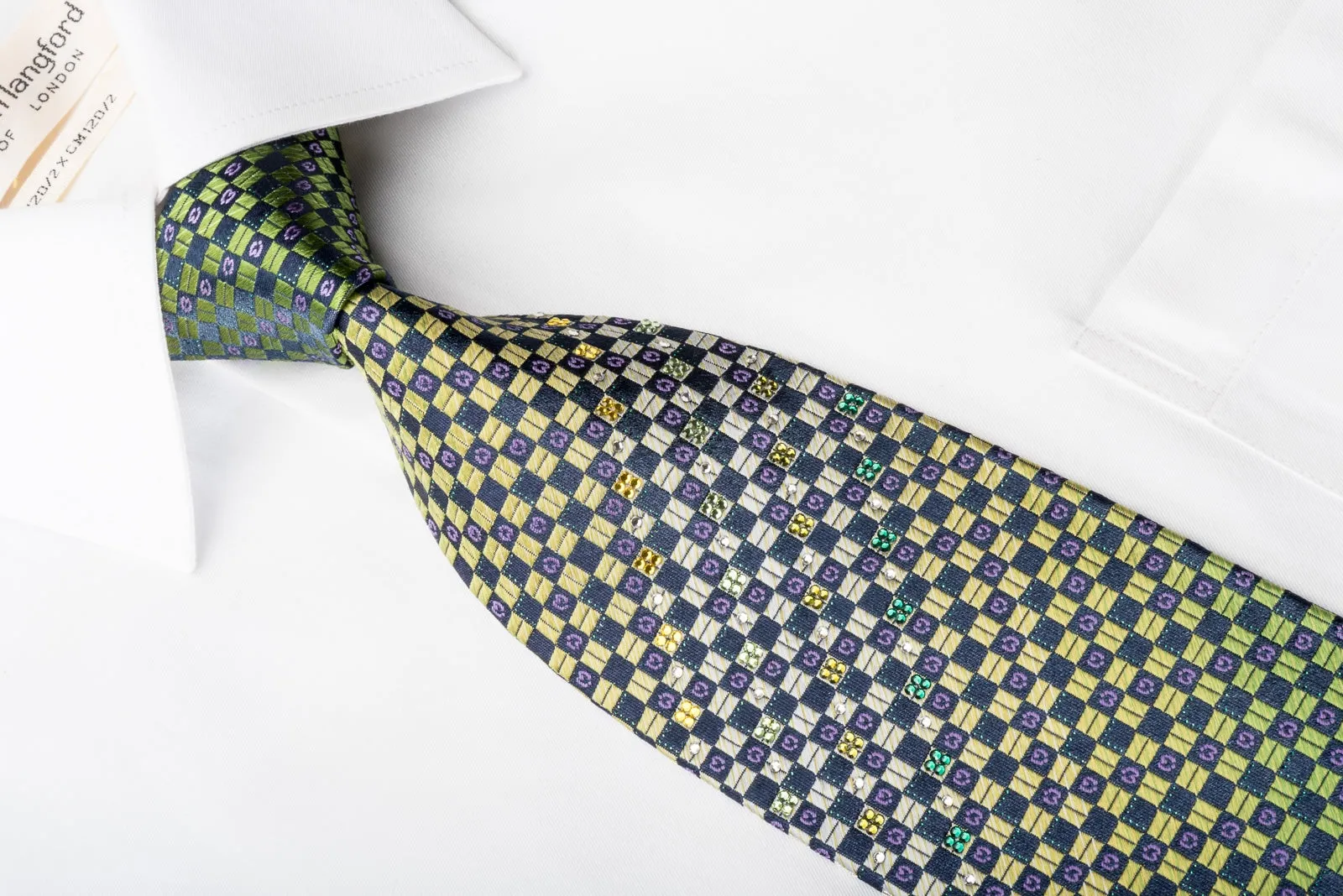 Mila Schon Rhinestone Necktie Green Navy Checkered With Green Sparkles