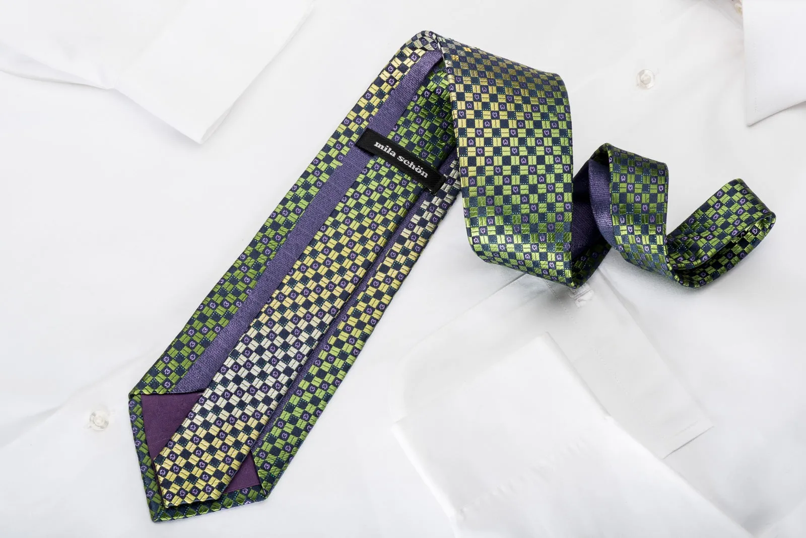 Mila Schon Rhinestone Necktie Green Navy Checkered With Green Sparkles