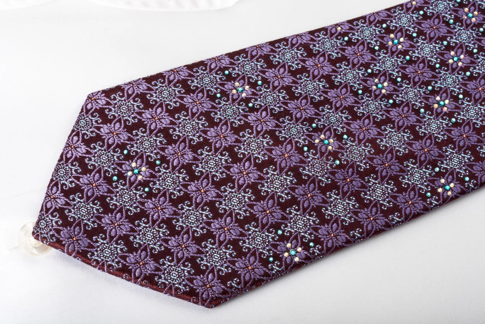 Mila Schon Silk Rhinestone Necktie Cartouche On Burgundy With Blue Sparkles