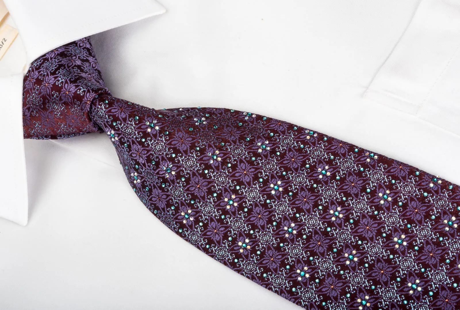 Mila Schon Silk Rhinestone Necktie Cartouche On Burgundy With Blue Sparkles