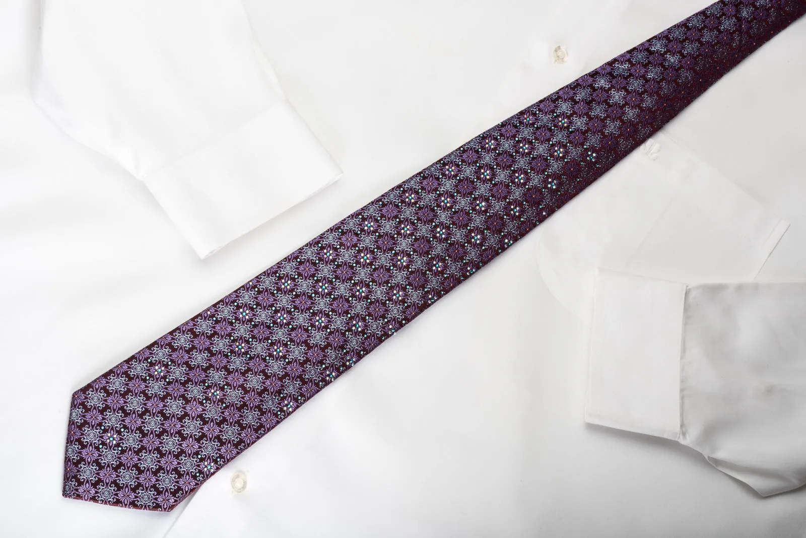 Mila Schon Silk Rhinestone Necktie Cartouche On Burgundy With Blue Sparkles