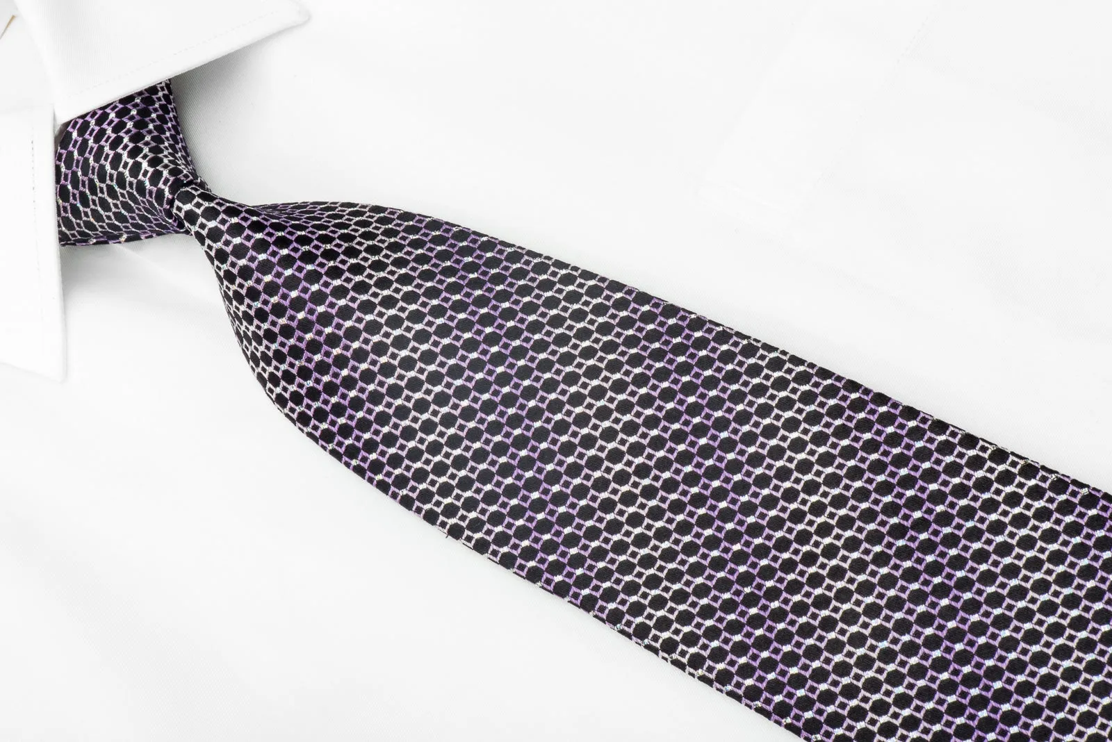 Nina Ricci Men's Silk Necktie Purple Geometric Trellis On Black With Silver Sparkles