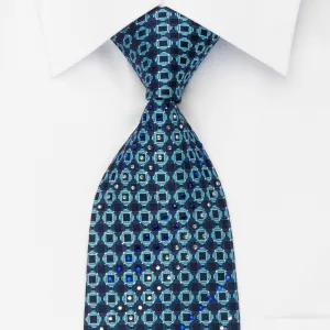 Odysseus Silk Rhinestone Necktie Chequer On Blue With Silver Sparkles