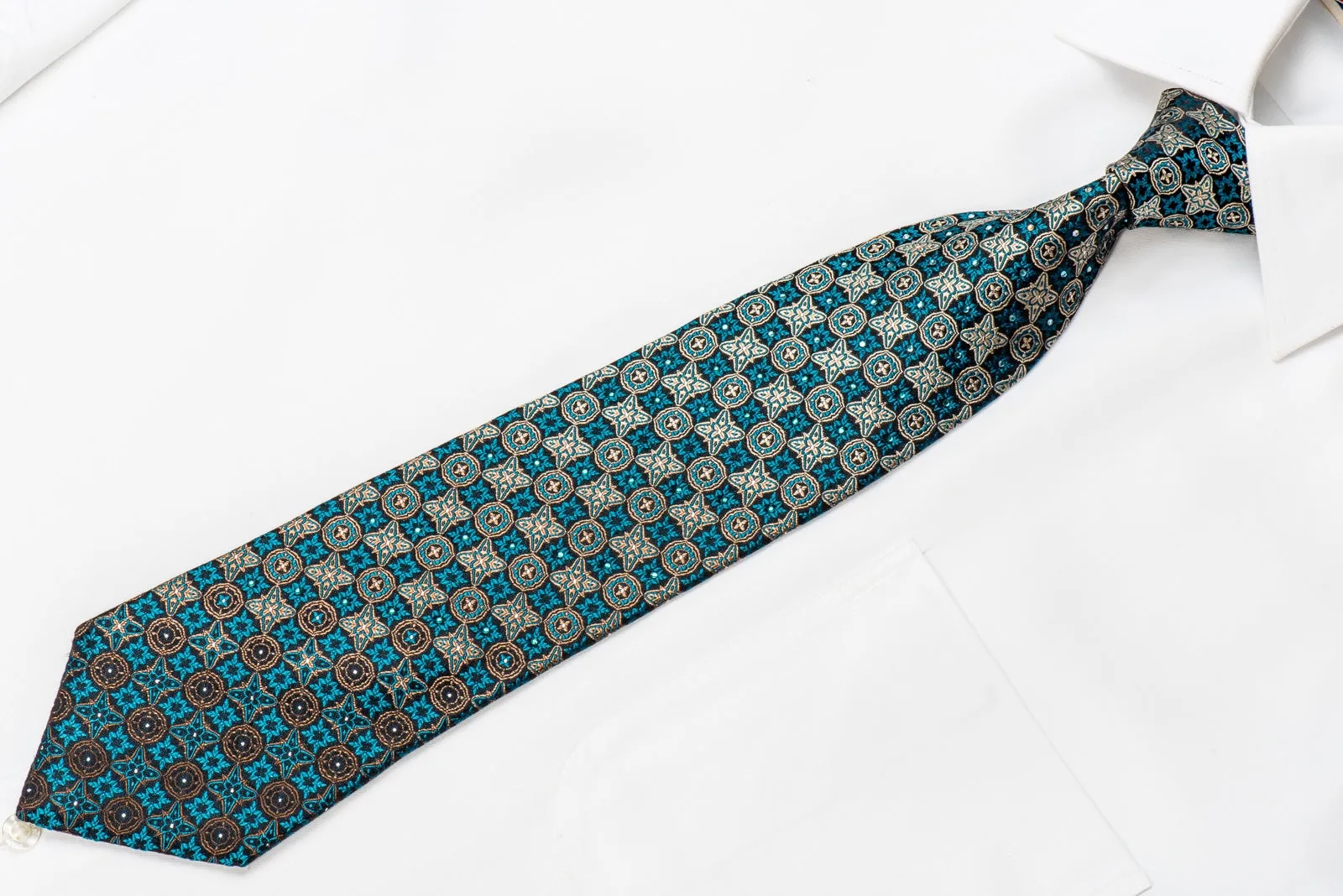 Paco Rabanne Men's Crystal Silk Necktie Gold Turquoise Checkered Cartouche On Black With Sparkles
