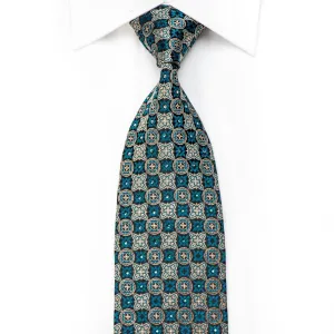 Paco Rabanne Men's Crystal Silk Necktie Gold Turquoise Checkered Cartouche On Black With Sparkles