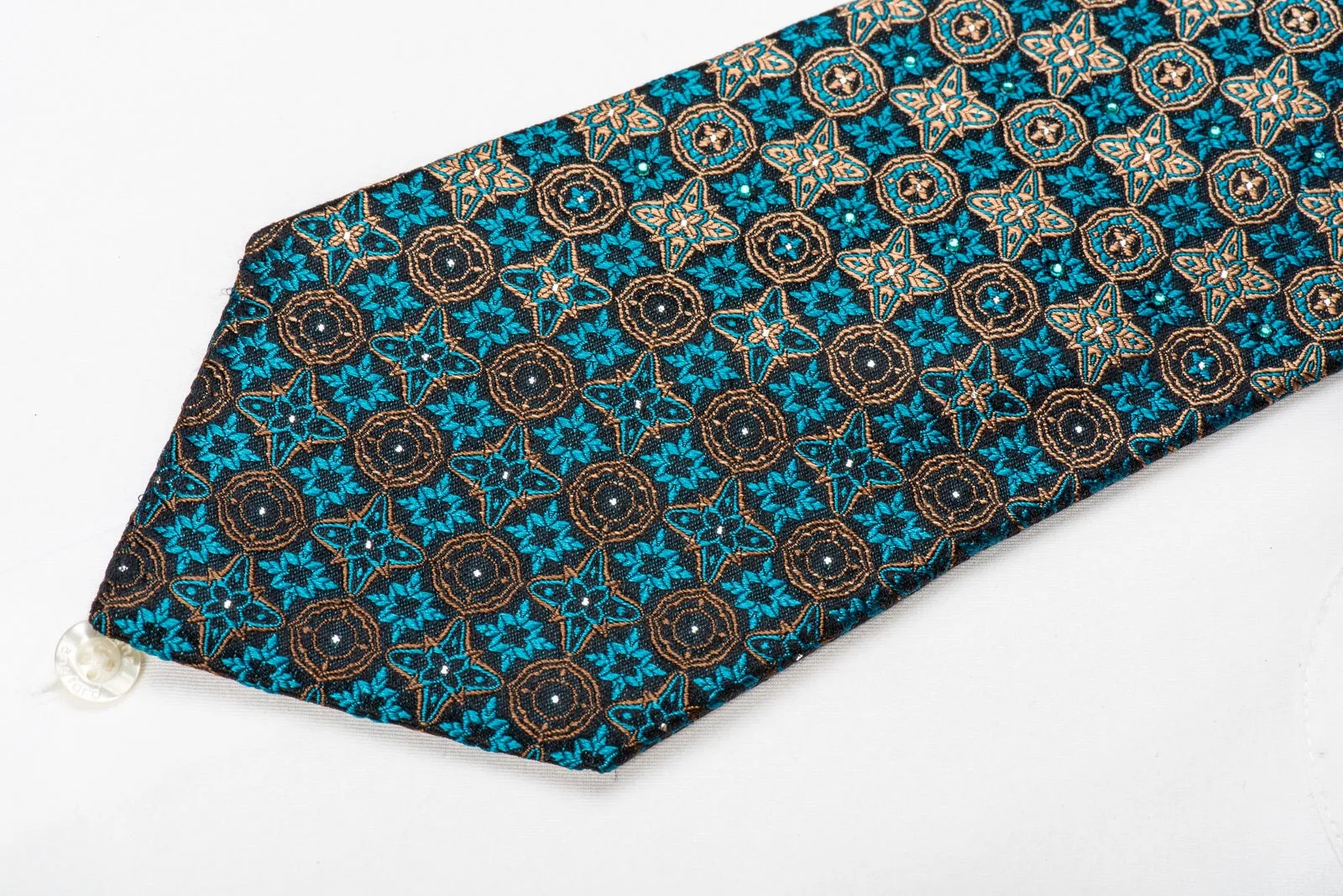 Paco Rabanne Men's Crystal Silk Necktie Gold Turquoise Checkered Cartouche On Black With Sparkles