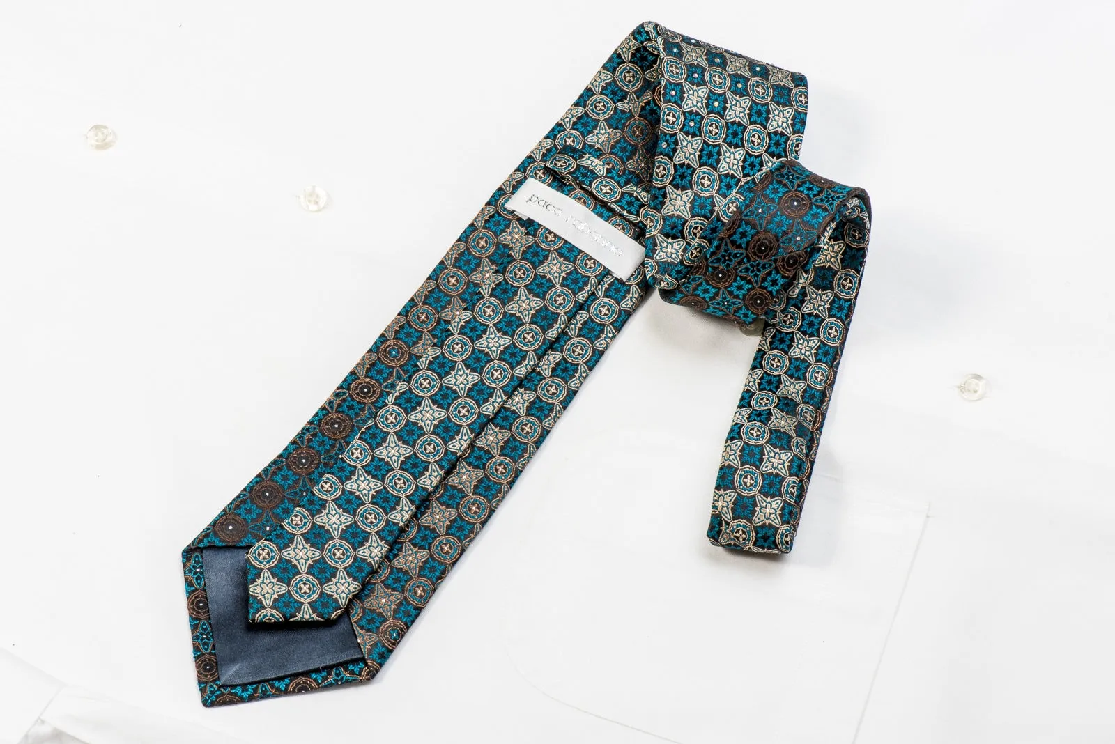 Paco Rabanne Men's Crystal Silk Necktie Gold Turquoise Checkered Cartouche On Black With Sparkles
