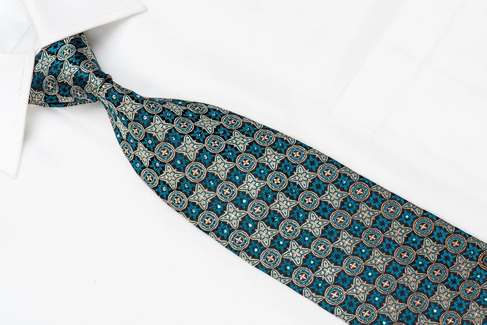 Paco Rabanne Men's Crystal Silk Necktie Gold Turquoise Checkered Cartouche On Black With Sparkles